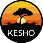 Kesho e.V. Logo, Baobab-Baum wächst aus einem Buch vor einer aufgehenden Sonne.
